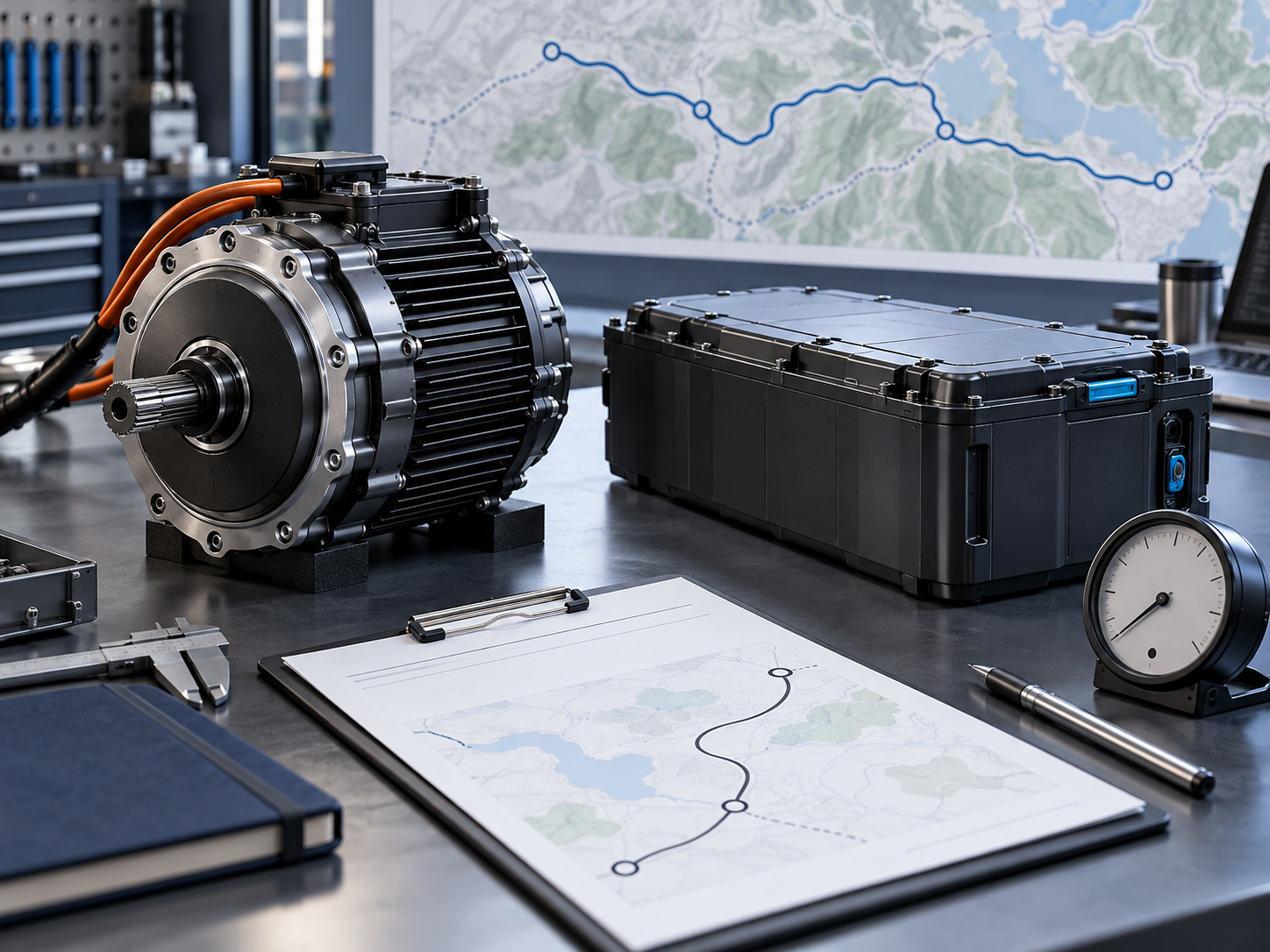 Electric drive motor and battery components sit beside a route test plan for specification comparison.