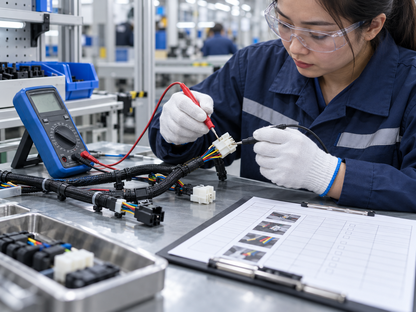 A quality inspector tests an electrical harness at a factory inspection station.