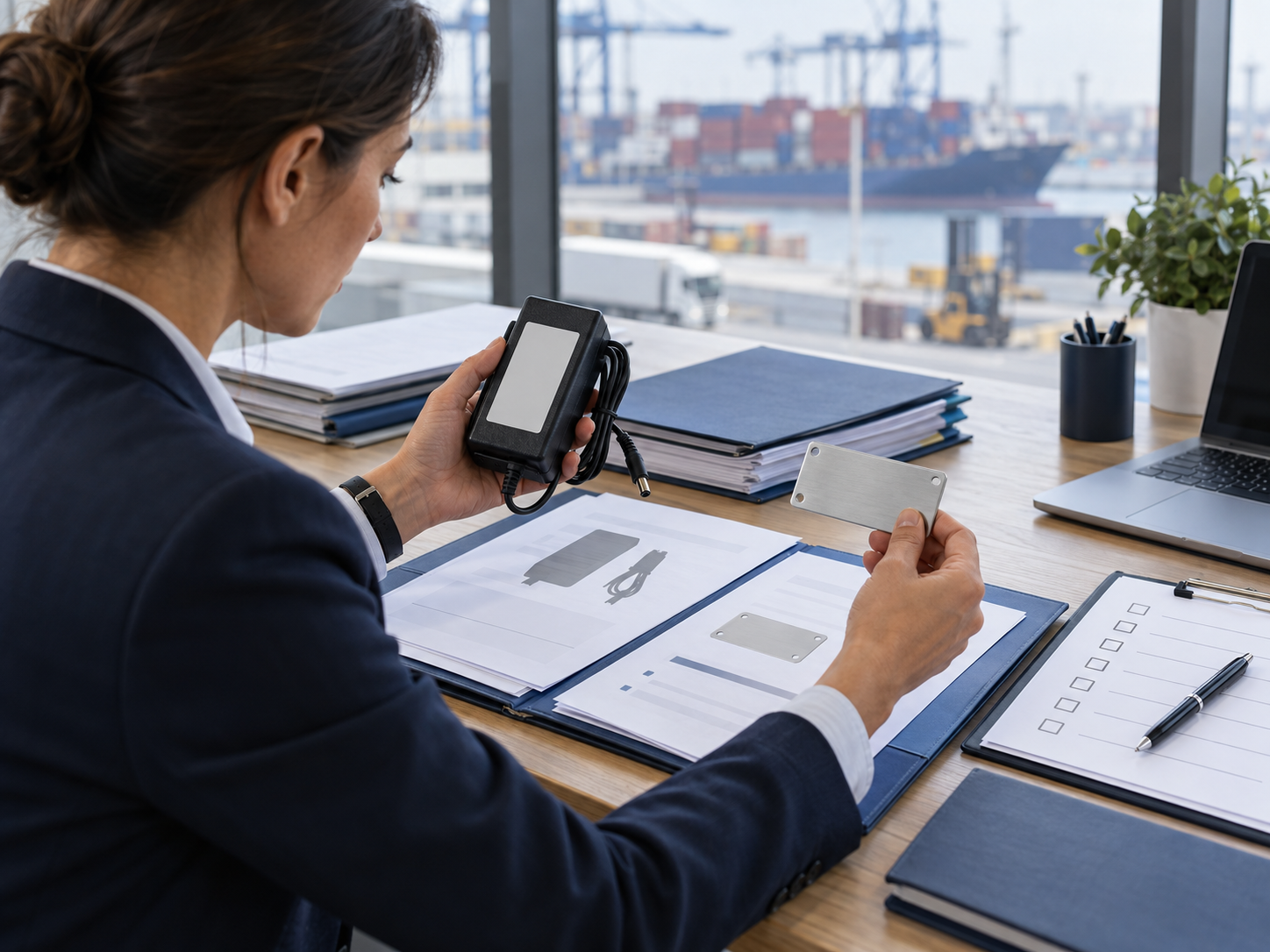 An importer reviews charger and product identification samples alongside conformity documents.