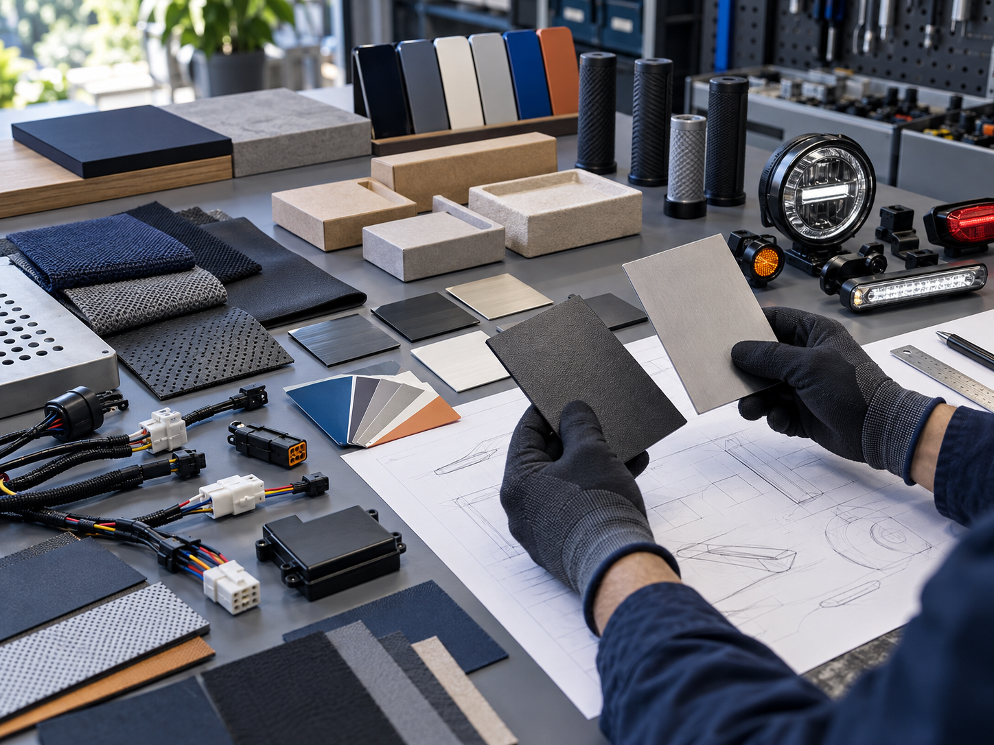 An engineer compares finish samples, electrical components, and configuration drawings at a workshop.