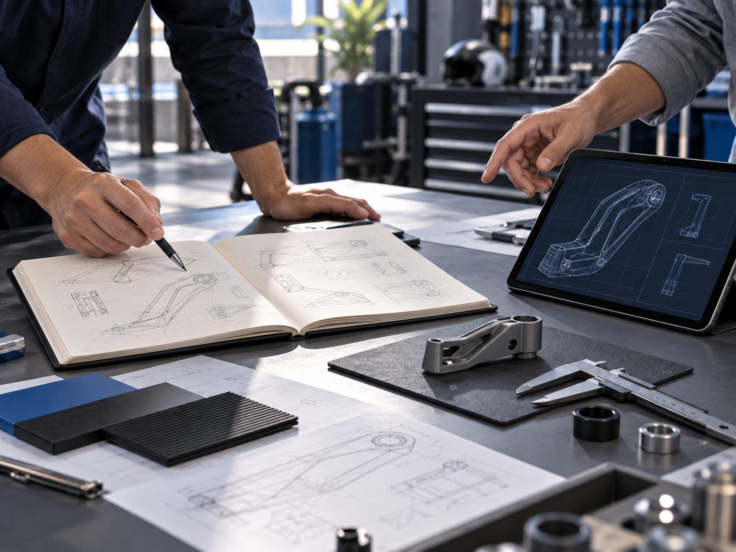 Engineering specialists review concept sketches, CAD details, and sample measurements during development.