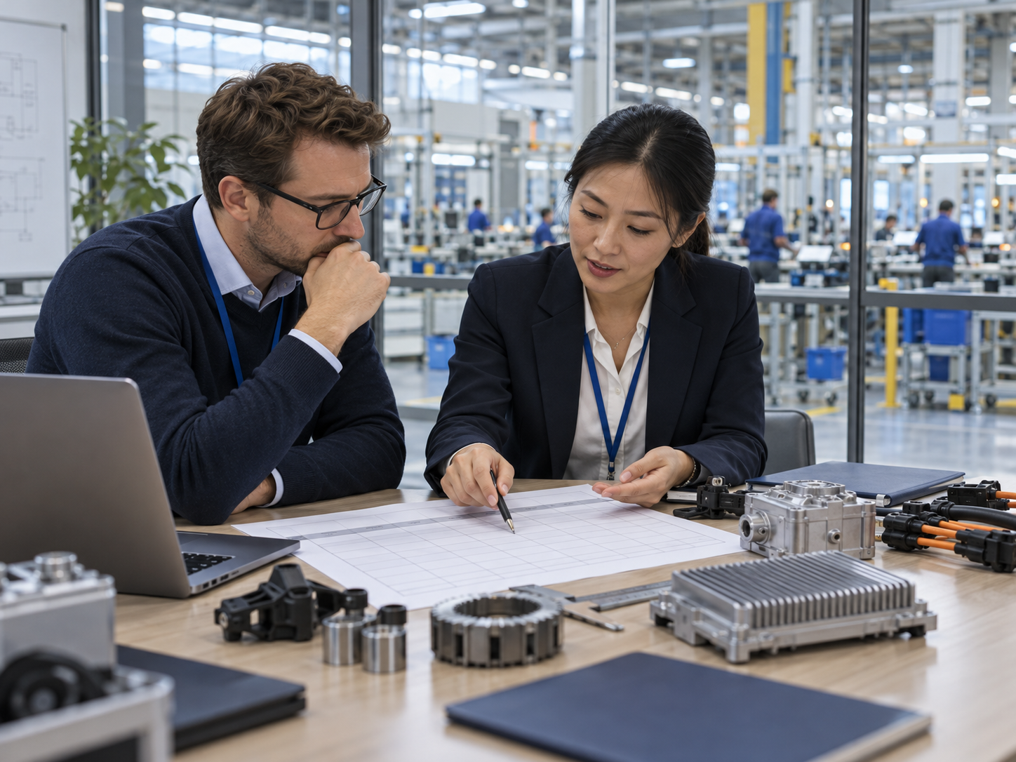 Procurement and manufacturing specialists review supplier capability evidence at a factory.