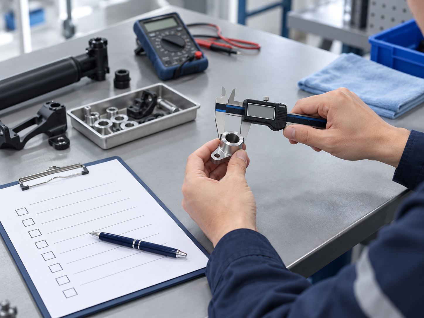 An inspector measures a sample component against an evaluation checklist.