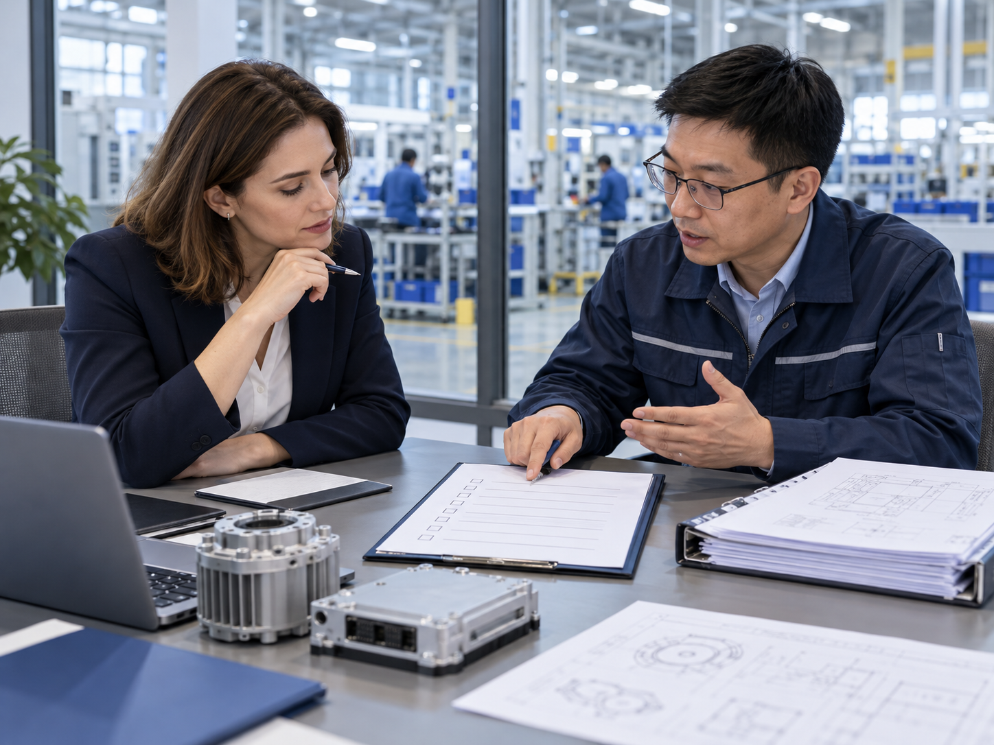 A procurement buyer and supplier engineer review project questions and technical documents.